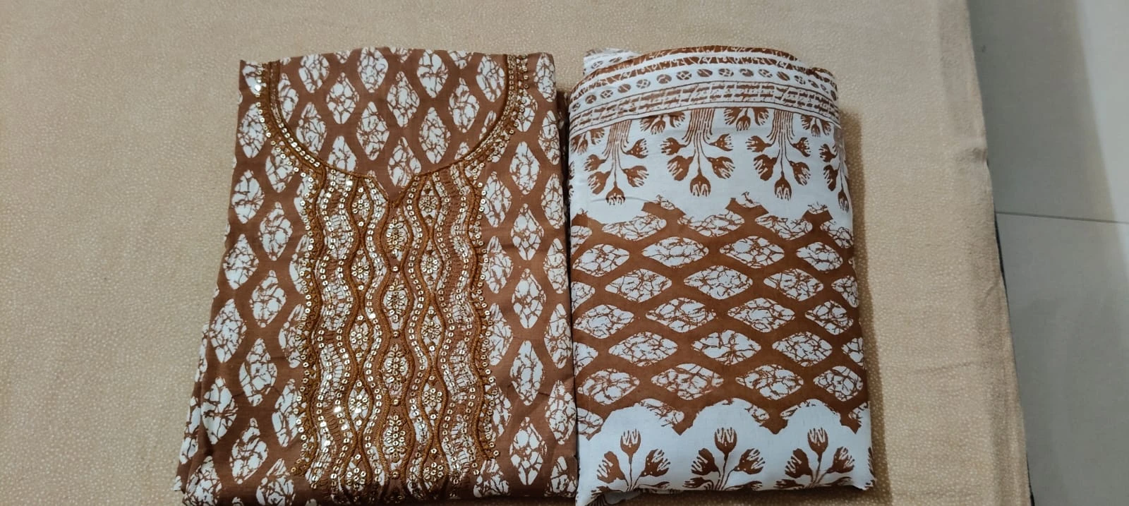 Brown Printed Cotton Dress Material for Women Set