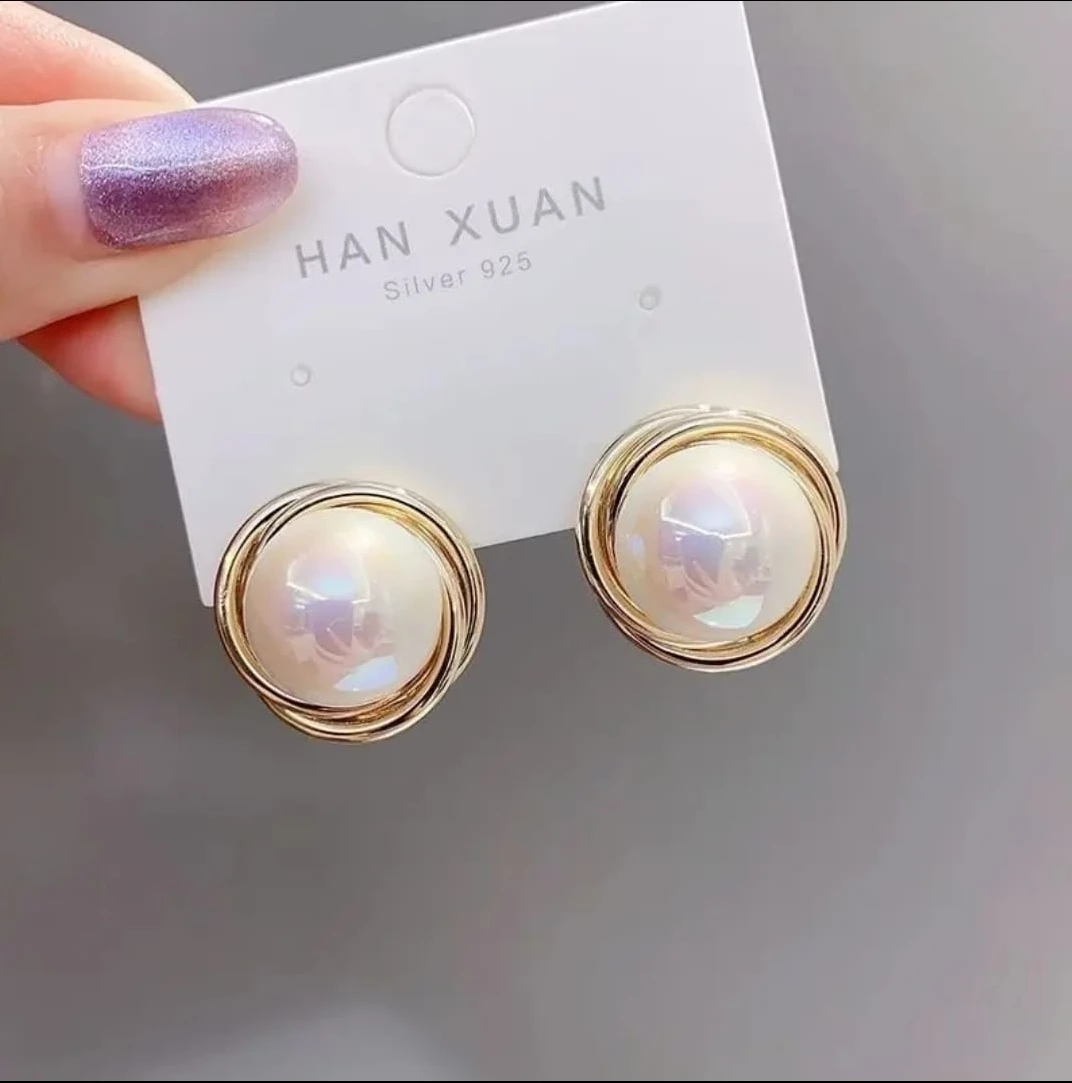 Korean Pearl Stud Earrings for Women & Girls | Gold Plated Pearl Button Earrings | Elegant Vintage Minimal Party Wear Jewelry