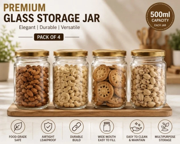 Dimon 500 ml Glass Jar with Air Tight Golden-Lid for Kitchen Dried Masala Storage, Honey, Spice Container, Visible Storage Set of 4