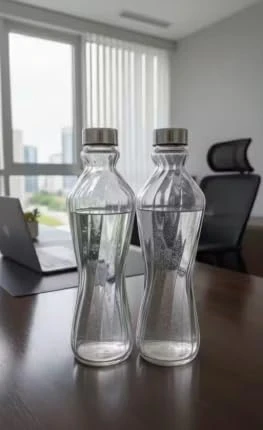 Dimon Twisted Glass Bottle Narrow Mouth BPA Free Leak Proof Stainless Steel Lid Fridge Water Bottle Reusable for Hotel, Office, Travel Friendly 1 Litre (Set of 2)