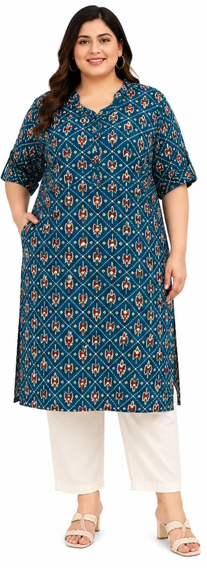 Women’s Casual Printed Plus Size Tunic Kurta – Teal Blue