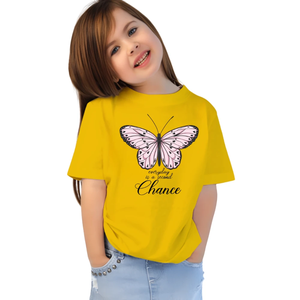 Girls Butterfly Print Mustard Cotton T-Shirt | Stylish Casual Wear for Kids