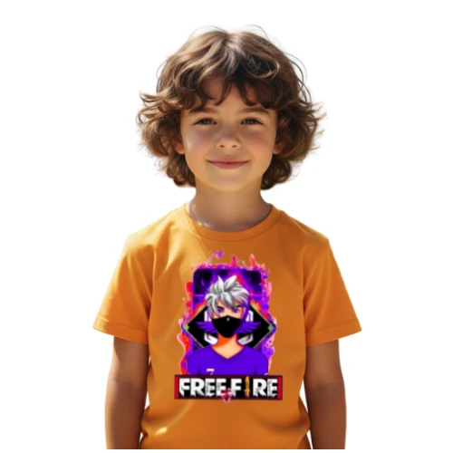 Free Fire Anime Printed Boys Cotton T-Shirt | Stylish Casual Graphic Tee for Kids | Trendy Orange Round Neck Half Sleeve T-Shirt for Daily Wear