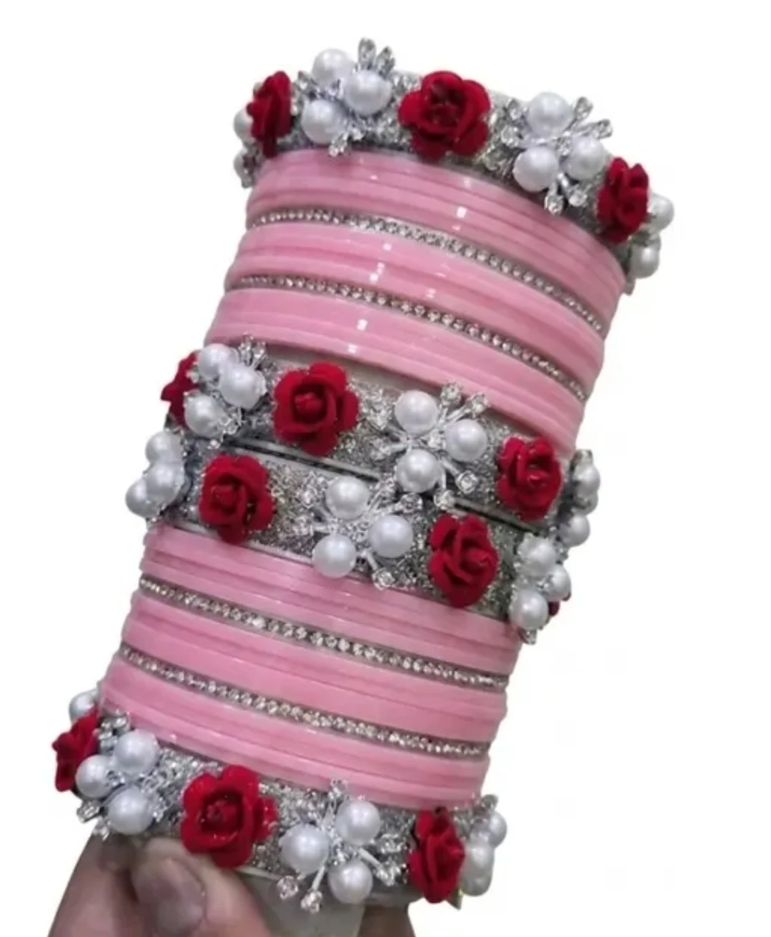 Premium Pink Floral Pearl Bridal Bangles Set for Women