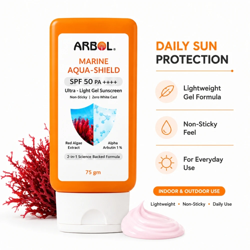 ARBOL Marine -Shield SPF 50 PA++++Hydrating | 6000x Powerful Antioxidant Red Algae Sunscreen Gel | 1% Alpha Arbutin for Tanning Removal | vvo Tested & 100% Photostable | Non-Sticky & Invisible Finish | Deep marine Cellular Repair |75
