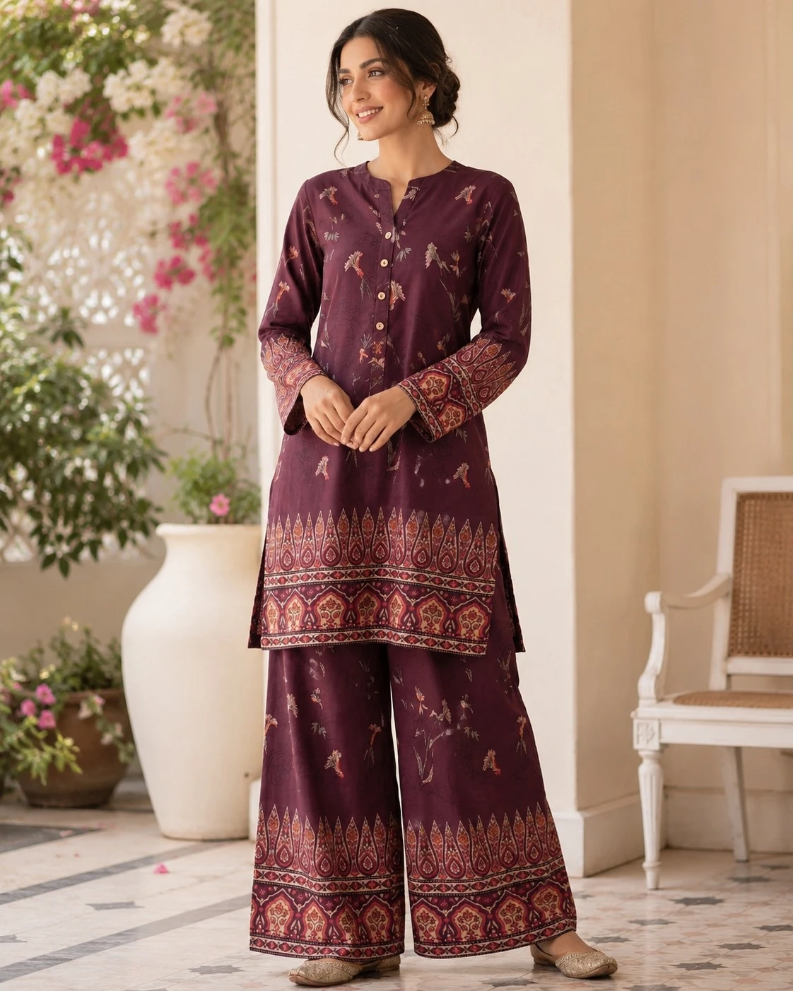 Women’s Maroon Printed Kurta Palazzo Set | Ethnic Co-Ord Set for Women | Festive & Casual Wear