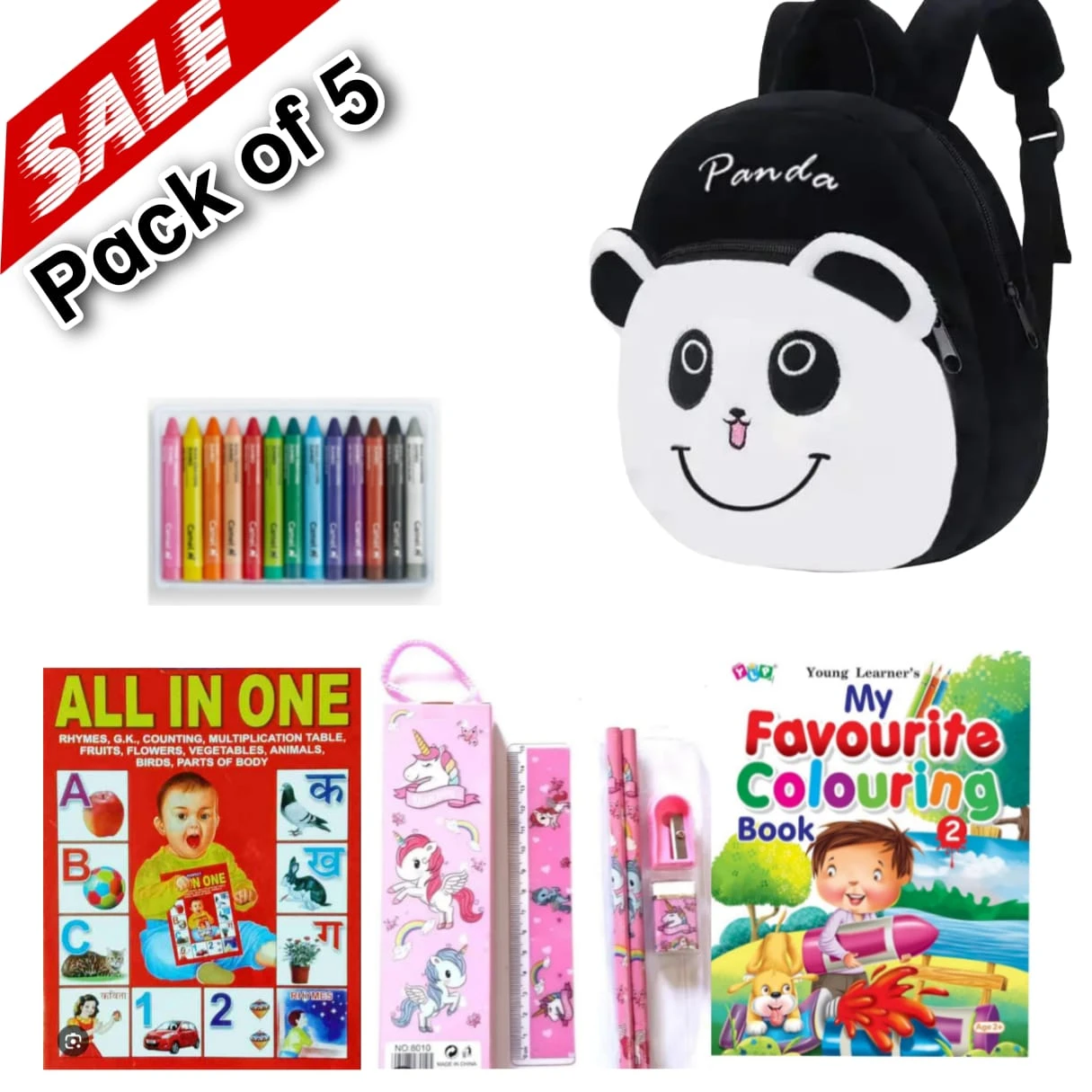 Kids Panda School Bag Combo Pack of 5 for Boys & Girls | Backpack, Colour Book, Wax Crayons, Pencil Box Set & Learning Book