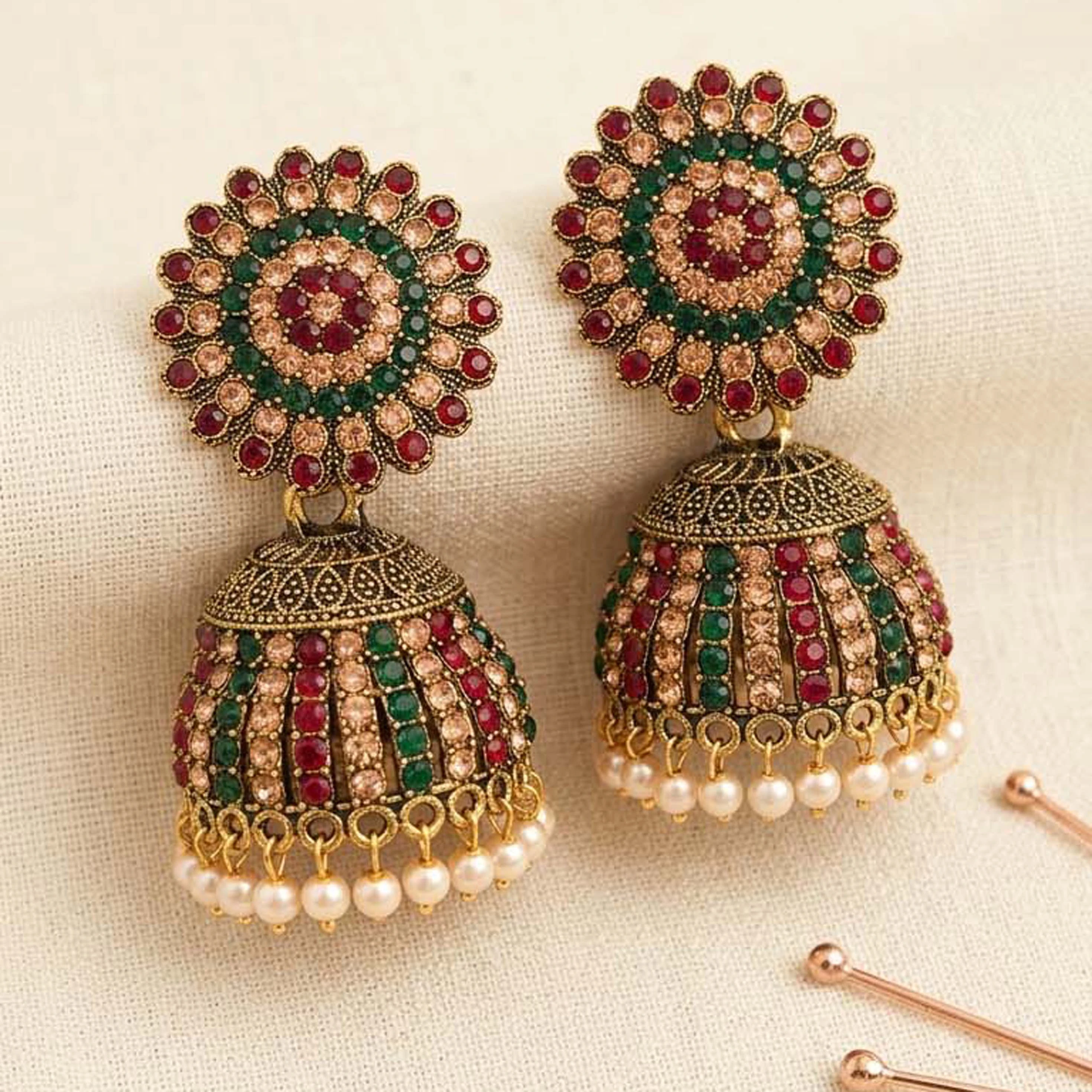 Women Antique Gold Plated Multicolor Stone Studded Pearl Jhumka Earrings for Girls & Women