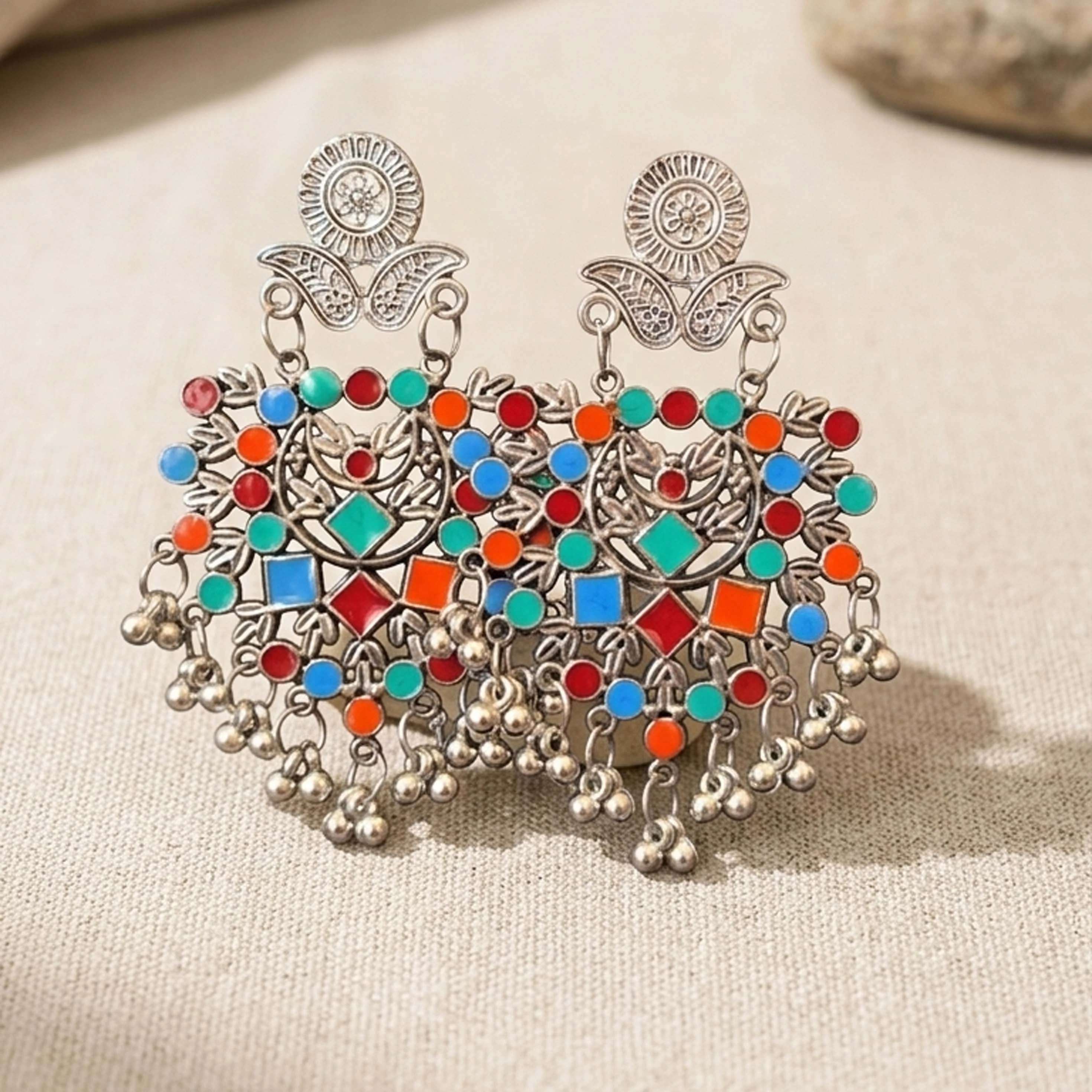 Women Oxidised Silver Multicolor Boho Tribal Afghani Earrings for Girls & Women