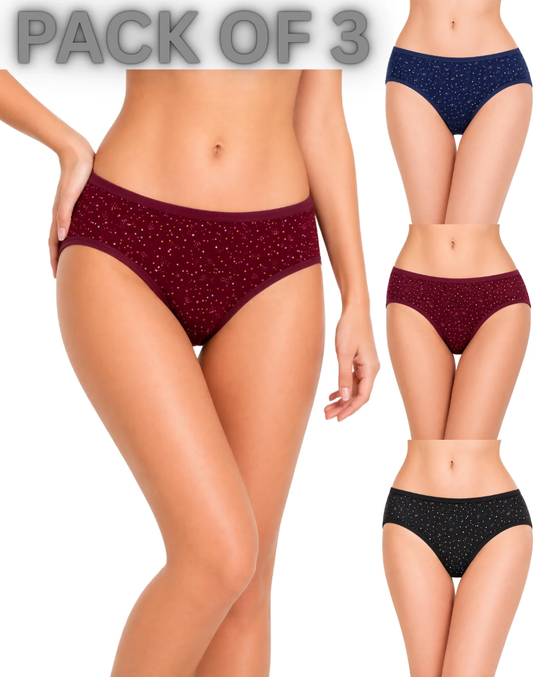 VK Mart Women’s Cotton Stretch Panties Pack of 3 | Soft Mid Rise Printed Underwear | Breathable Daily Use Innerwear