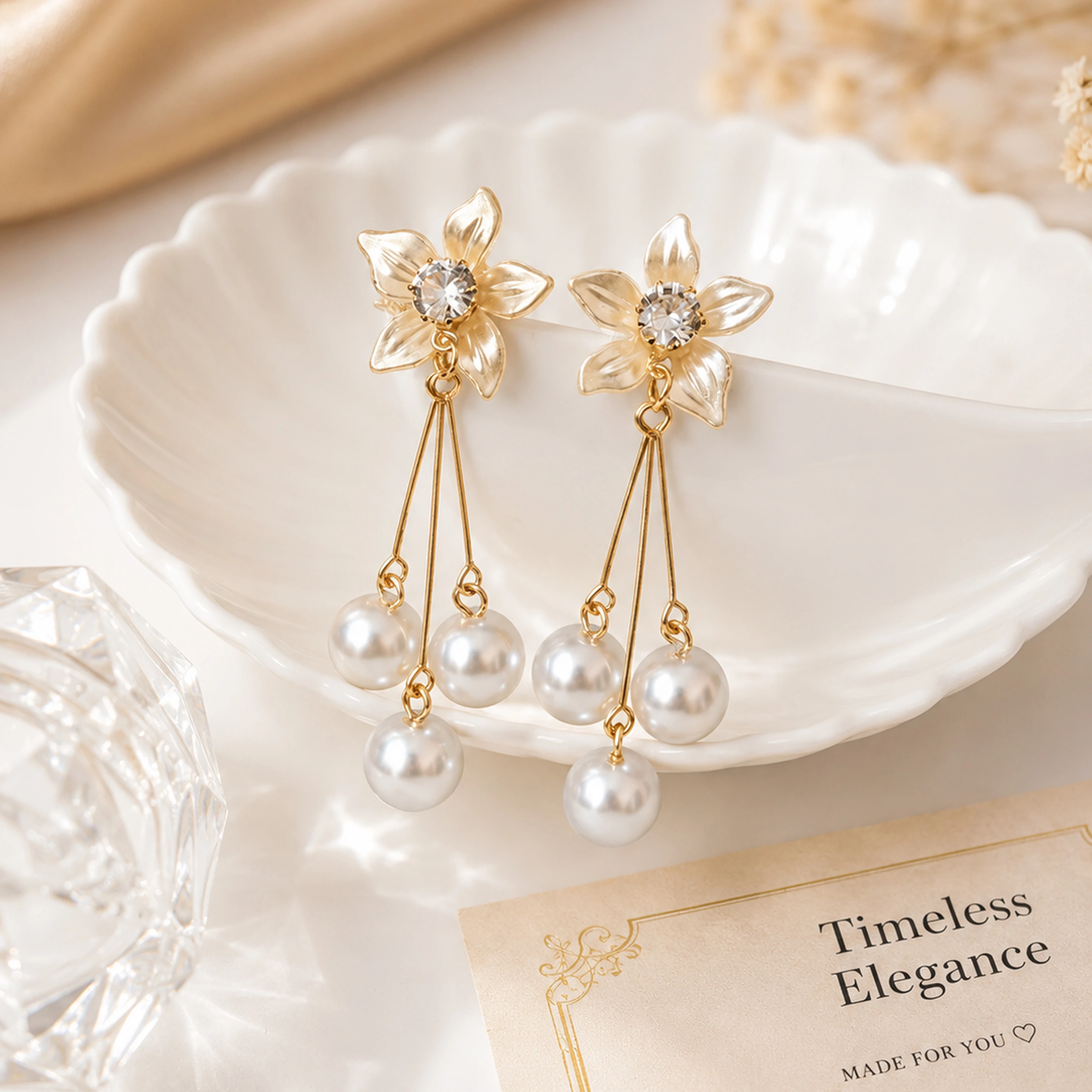 Women’s Luxury Pearl Flower Drop Earrings | Gold Plated Korean Style Floral Hanging Earrings