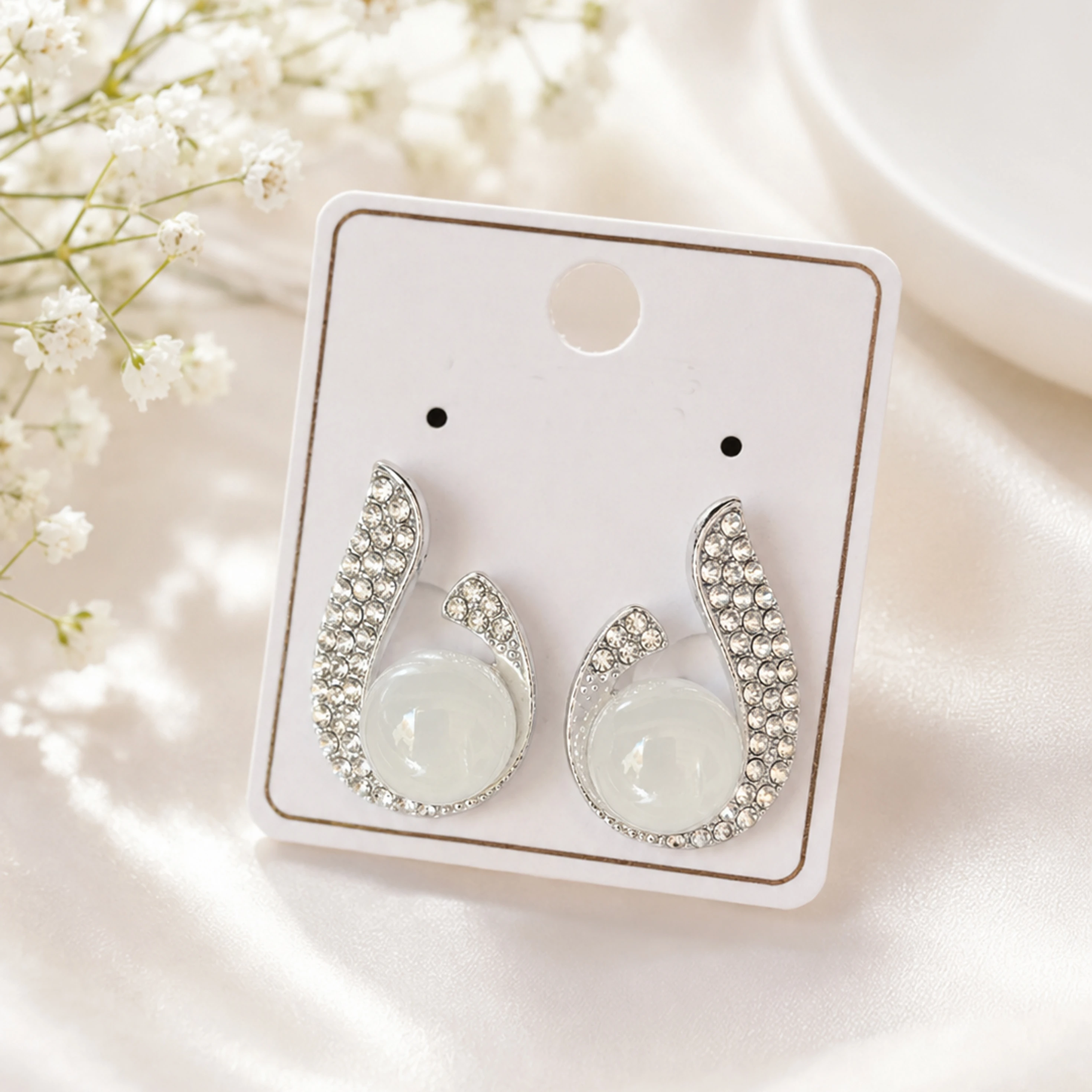 Women’s Silver-Toned Crystal Pearl Stud Earrings | Elegant Korean Style Designer Earrings