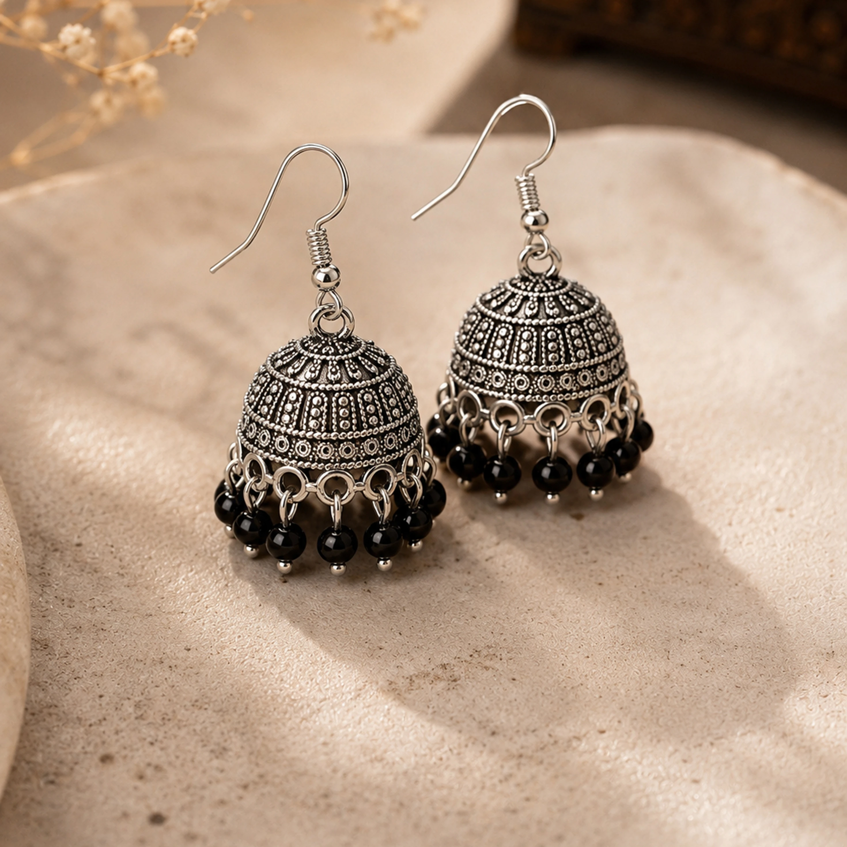 Women’s Oxidised Silver Black Beads Jhumka Earrings | Traditional Ethnic Hanging Earrings