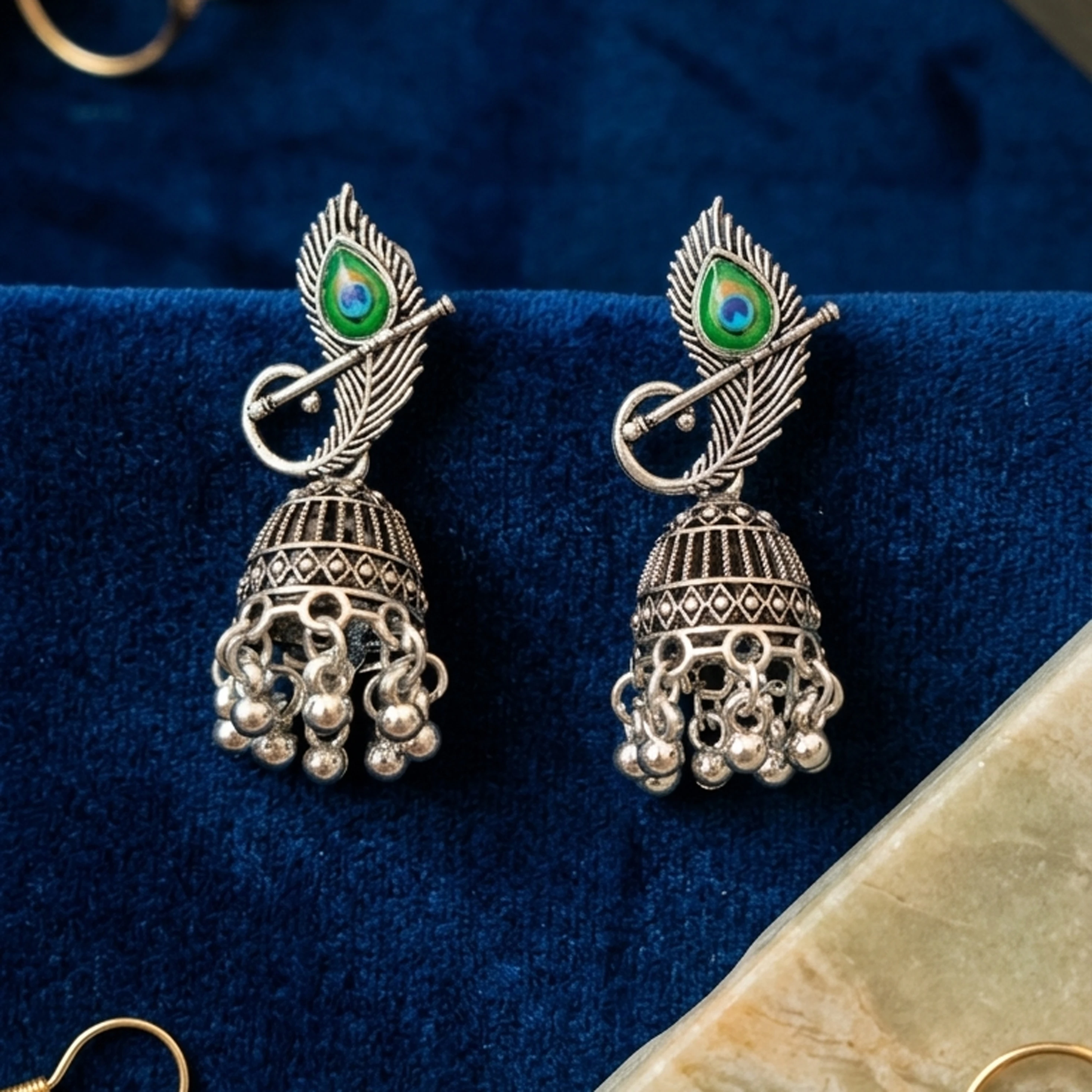 Women’s Oxidised Peacock Feather Jhumka Earrings | Krishna Flute Traditional Ethnic Earrings