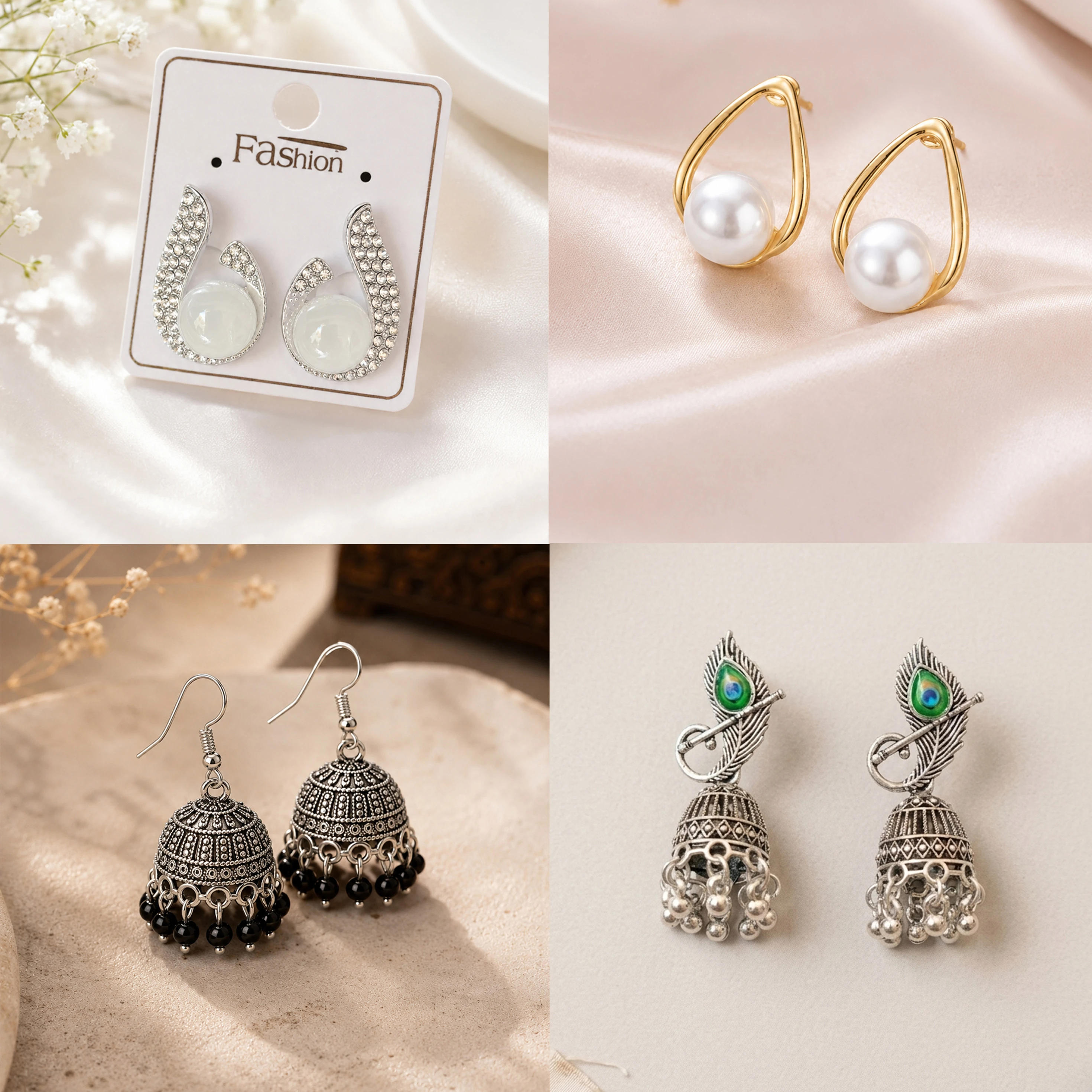 Traditional Oxidized Jhumki & Pearl Earrings Combo (Pack of 4)