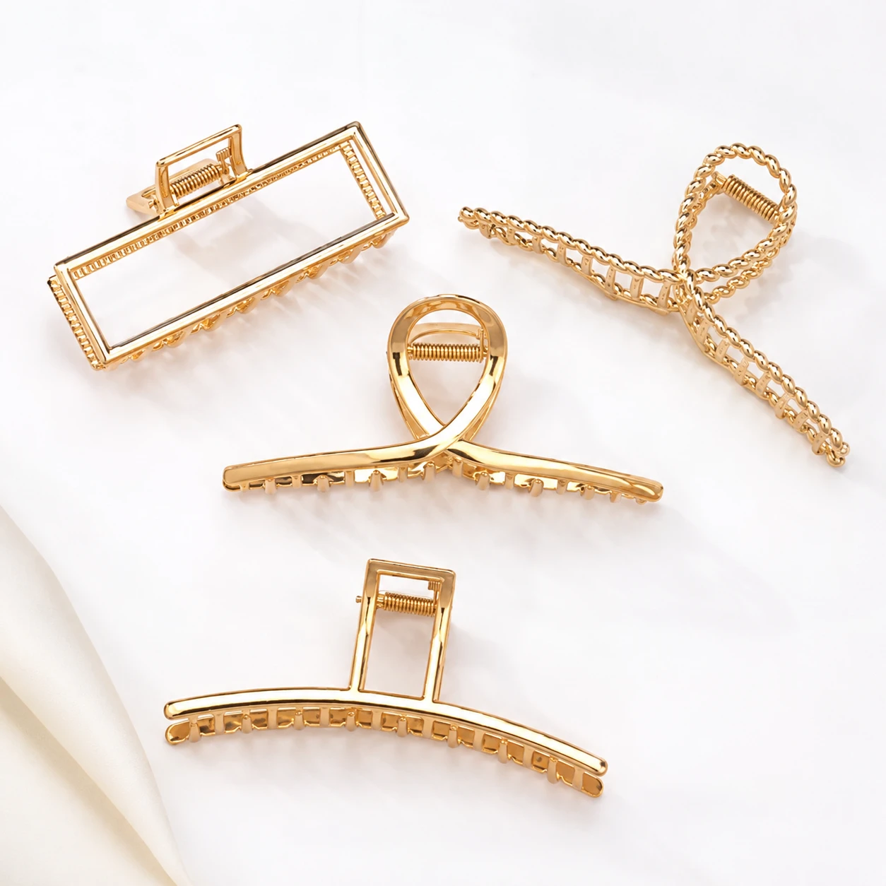 Gold Metal Hair Claw Clips for Women, 4 Pcs Premium French Design Hair Clips, Strong Spring Large Hair Clutcher for Thick & Thin Hair, Stylish Bun Hair Accessories for Girls & Women