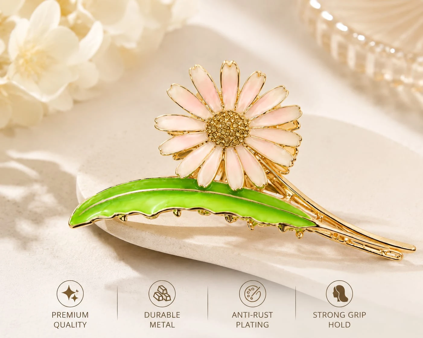 Flower Hair Claw Clip for Women, Premium Metal Daisy Hair Clip with Green Leaf Design, Strong Grip Hair Clutcher for Thick & Thin Hair, Stylish Bun Hair Accessories