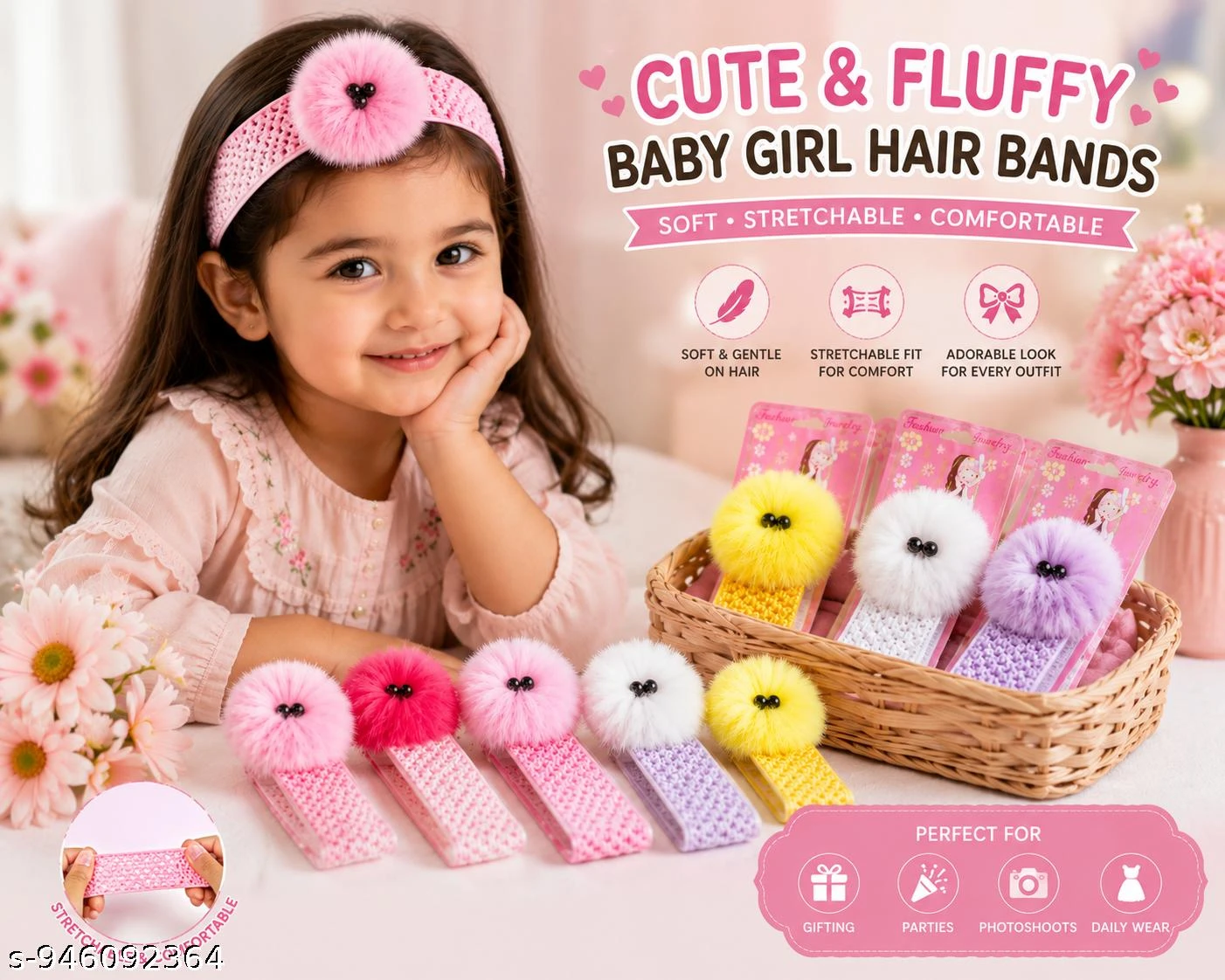 Baby Girl Hair Bands, 6 Pcs Cute Fluffy Pom Pom Headbands for Kids Girls, Soft Stretchable Comfortable Hair Accessories for Daily Wear & Parties