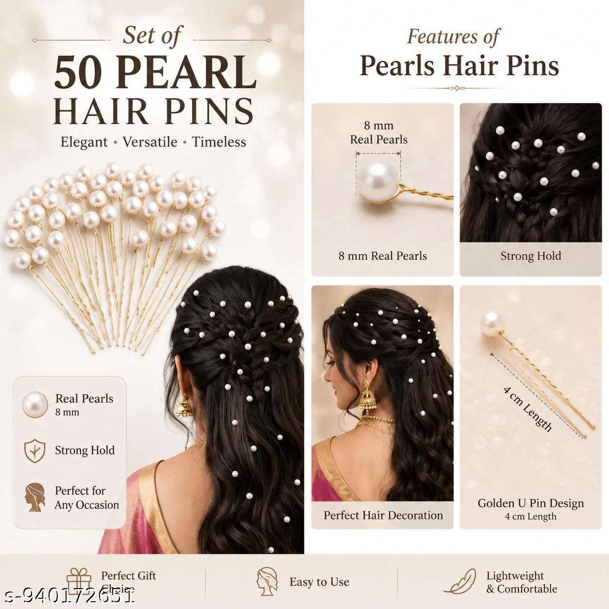 50 Pearl Hair Pins for Women & Girls | Bridal Pearl Hair Accessories Set | Flexible U Shape Pearl Bobby Pins for Bun, Juda, Braids & Wedding Hairstyle | Elegant Hair Decoration for Party & Festive Wear