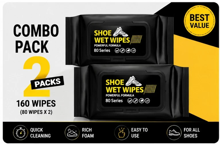 Shoe Cleaning Wet Wipes Combo Pack of 2 | 160 Total Wipes | Quick Clean & Shine for Sneakers, Boots & Leather Shoes