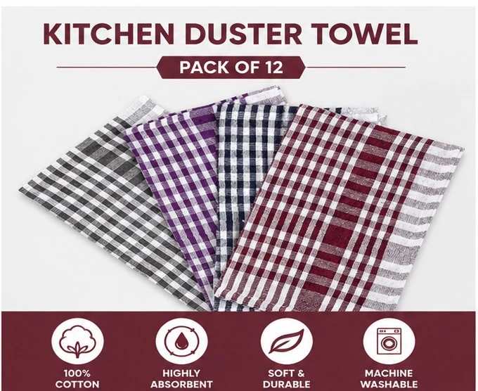 Cotton Kitchen Towels Set of 12 | Multipurpose Dish Cleaning & Drying Cloths | Machine Washable