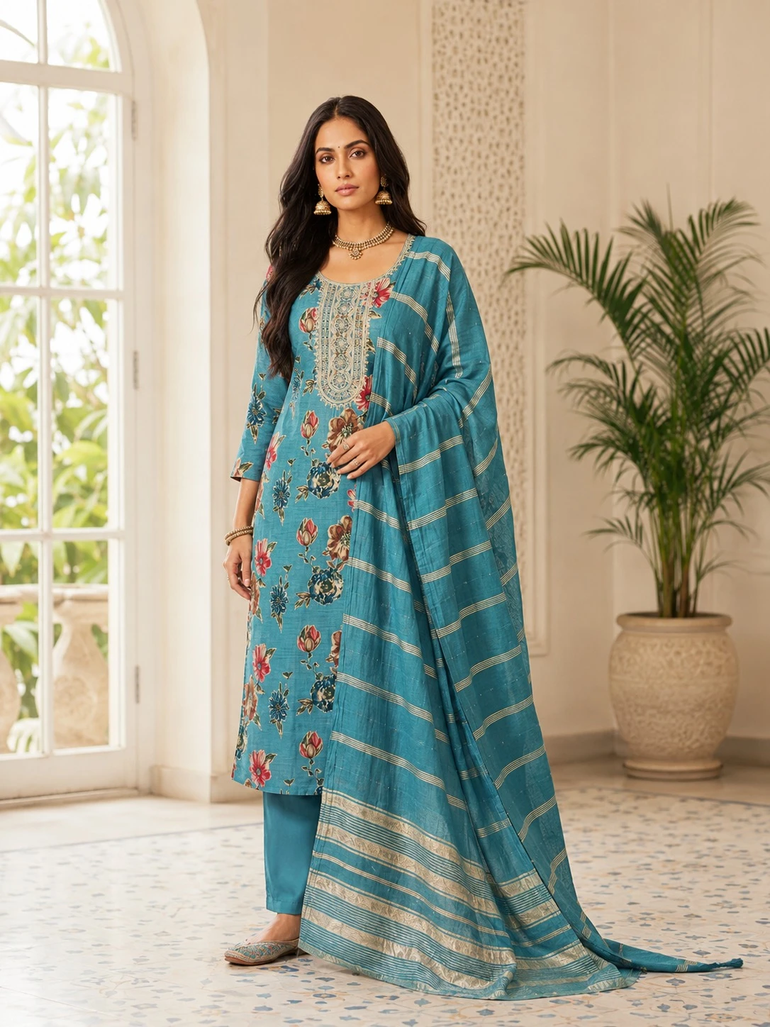 Women’s Teal Blue Floral Embroidered Kurta Set with Dupatta | Festive Ethnic Suit Set | Premium Straight-Fit Kurti with Metallic Detail Dupatta