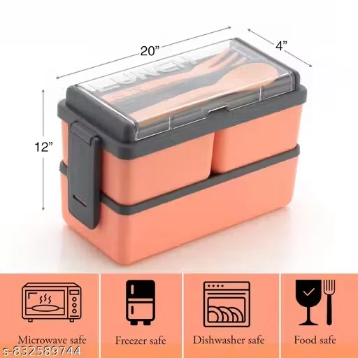 2 Tier Plastic Lunch Box with Spoon Fork  Leak Resistant Tiffin Box for Office, School, College