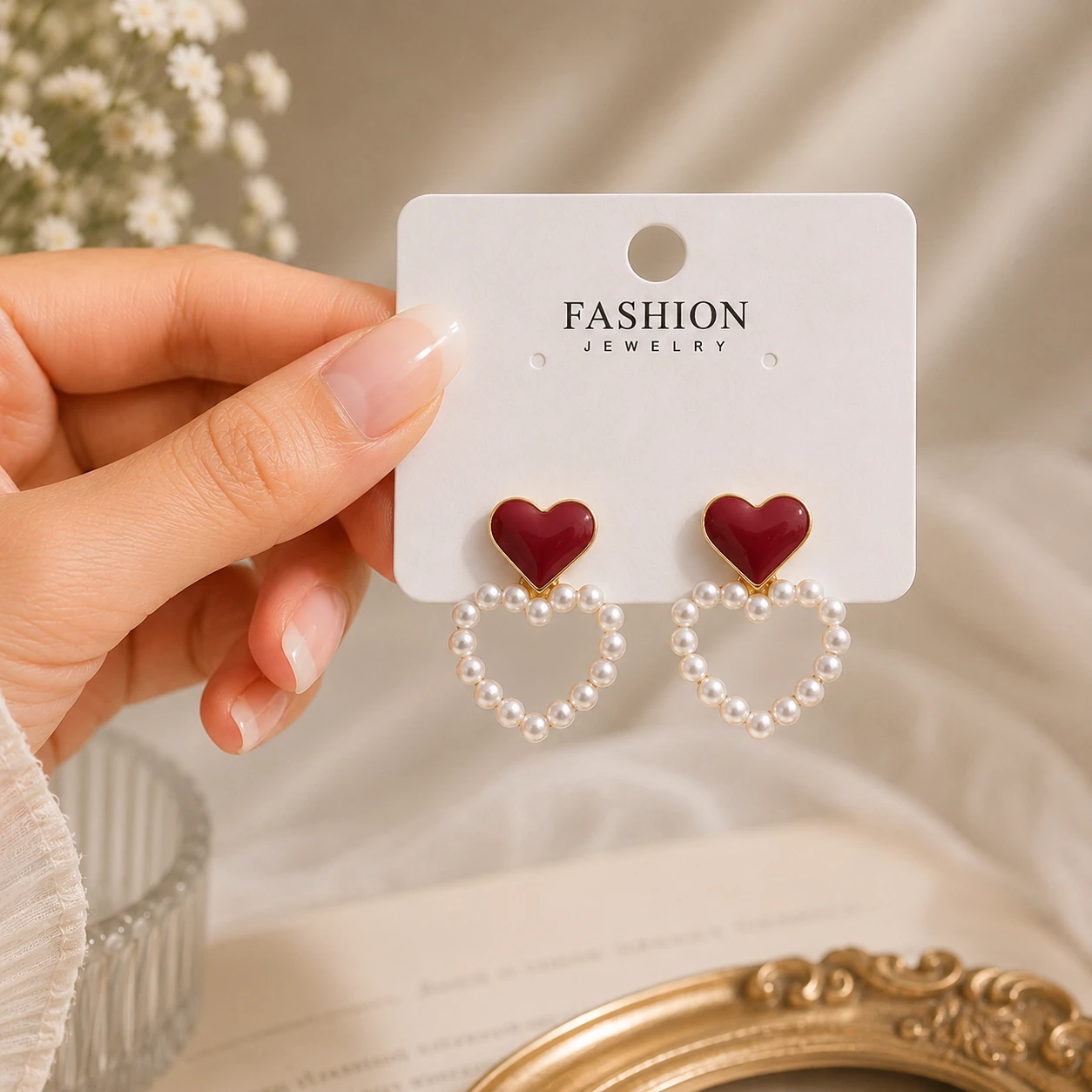 Korean Heart Pearl Drop Earrings for Women & Girls | Cute Red Heart Stud Earrings with Pearl Hoop | Aesthetic Party Wear Jewelry