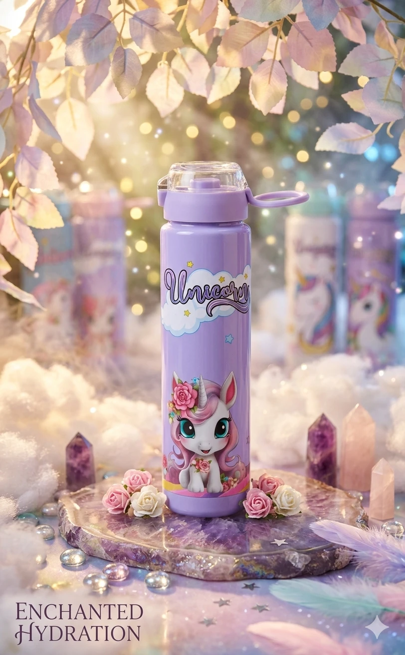 water bottle for kids, Kids water bottle, unicorn flask, school water bottle for girls, insulated kids bottle, 900ml water bottle, cute return gifts for kids, purple cartoon flask, leakproof school bottle, fancy water bottle for school.