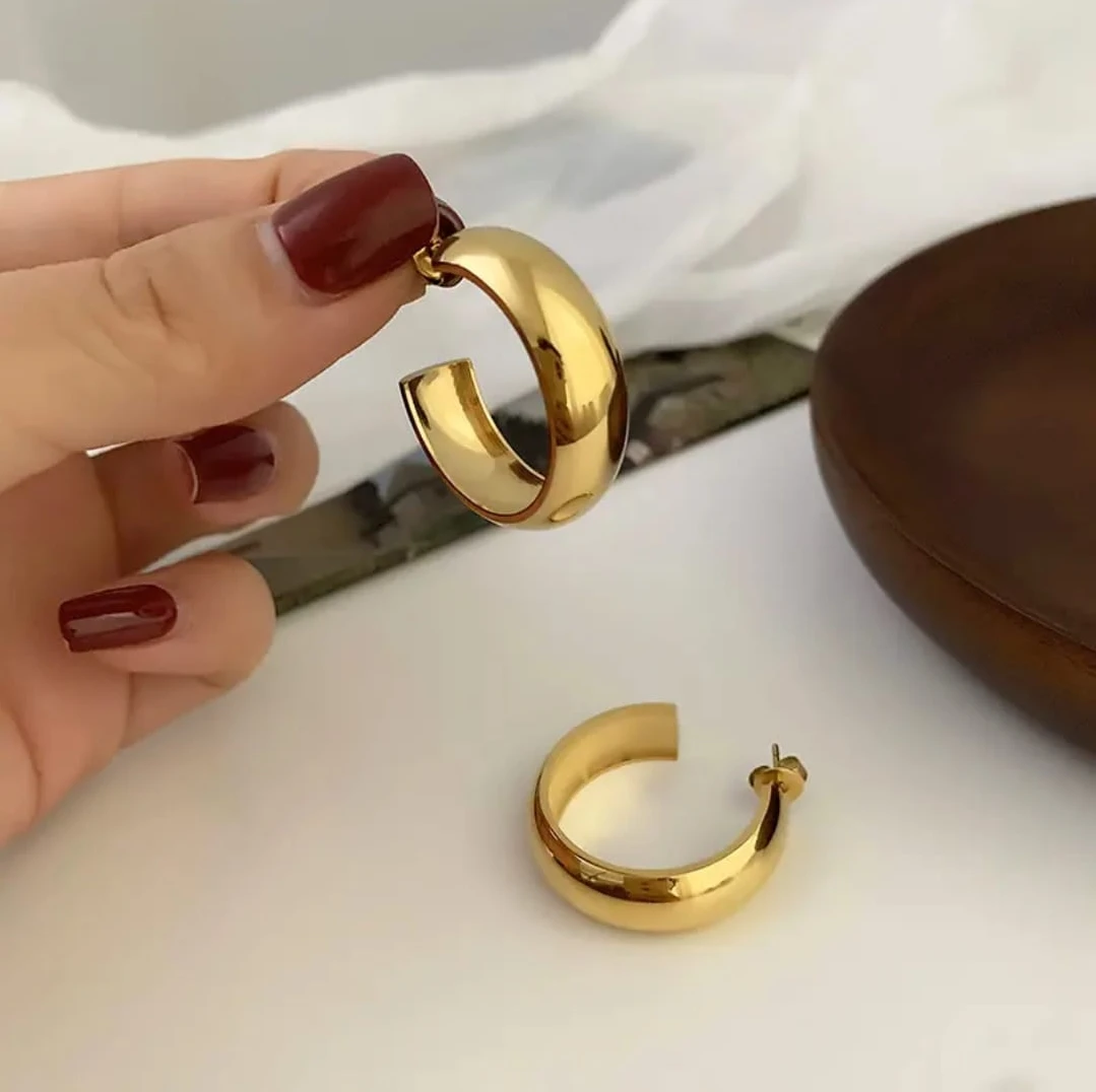 Korean Chunky Gold Hoop Earrings for Women & Girls | Minimal Thick Hoop Earrings | Trendy Aesthetic Statement Jewelry