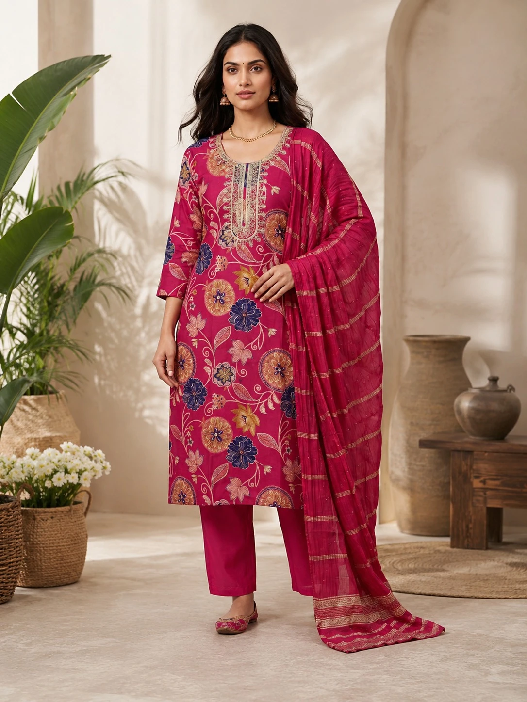 Women’s Deep Pink Floral Embroidered Kurta Set with Dupatta | Festive Ethnic Suit Set | Premium Straight-Fit Kurti with Metallic Detail Dupatta
