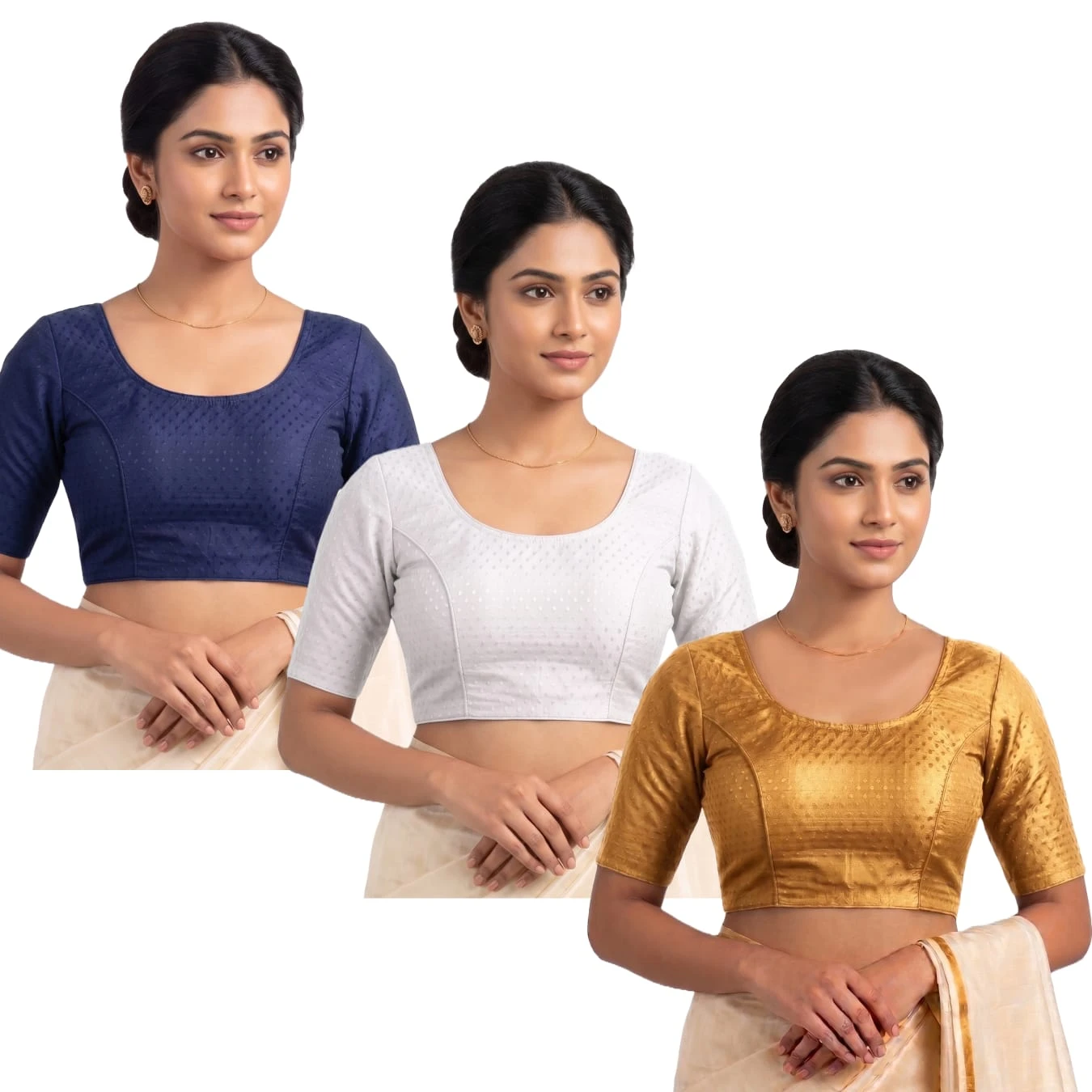 Women's Readymade Saree Blouse Combo Pack of 3 (Navy Blue, Silver Grey & Golden) | Elbow Sleeve Blouse