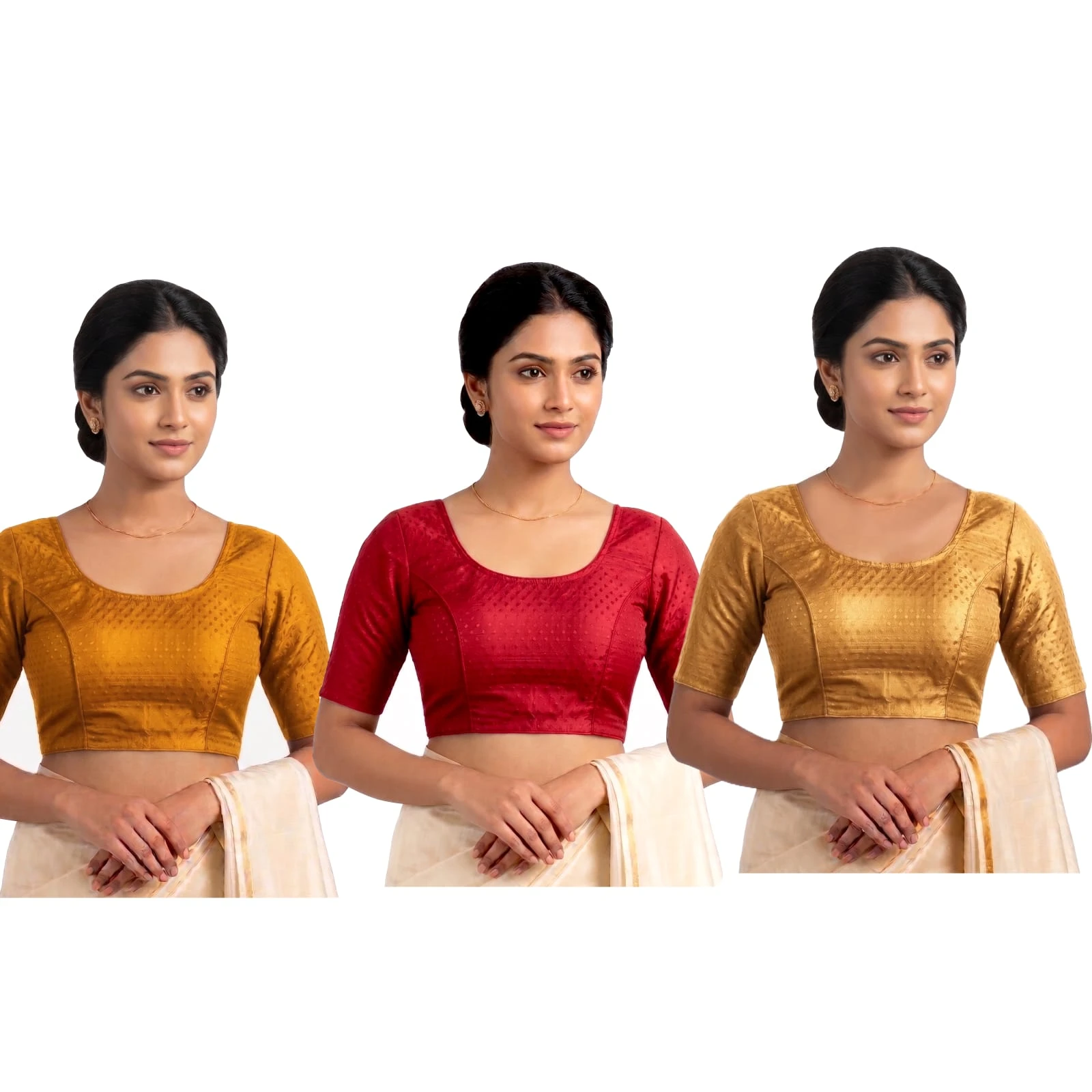 Women's Readymade Saree Blouse Combo Pack of 3 (Mustard, Red & Golden) | Elbow Sleeve Blouse