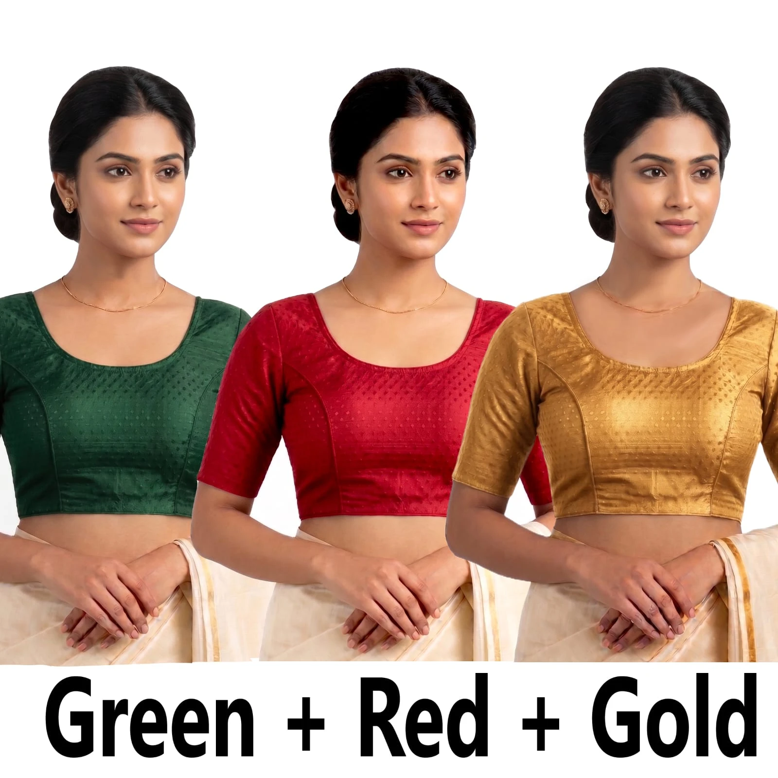 Women's Readymade Saree Blouse Combo Pack of 3 (Green, Red & Gold) | Elbow Sleeve Designer Blouse