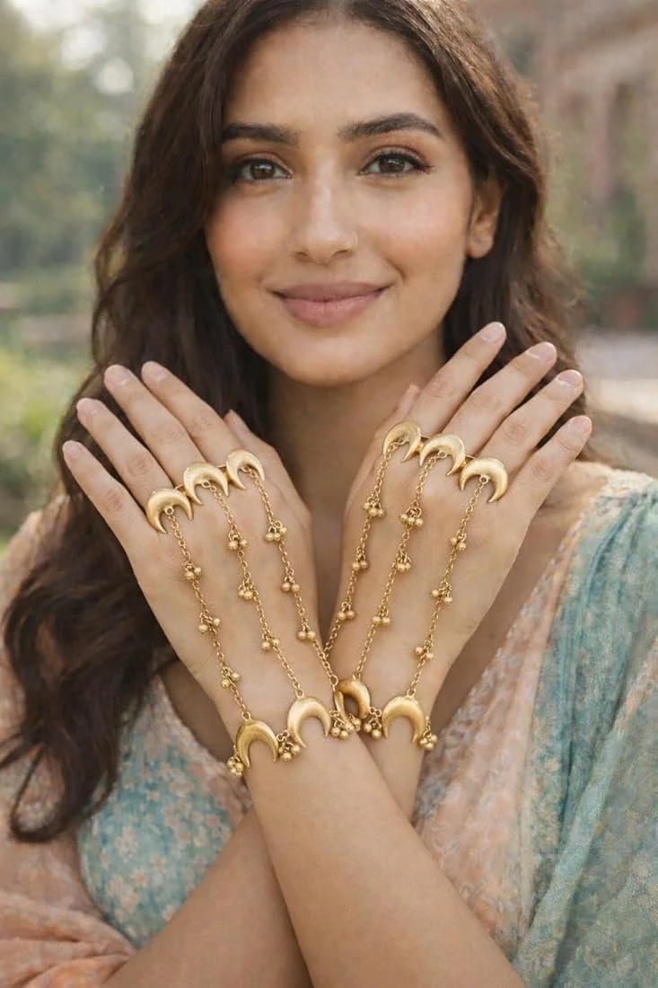 Traditional Kashmiri Crescent Moon (Chand) Haathphool Hand Harness with rings set