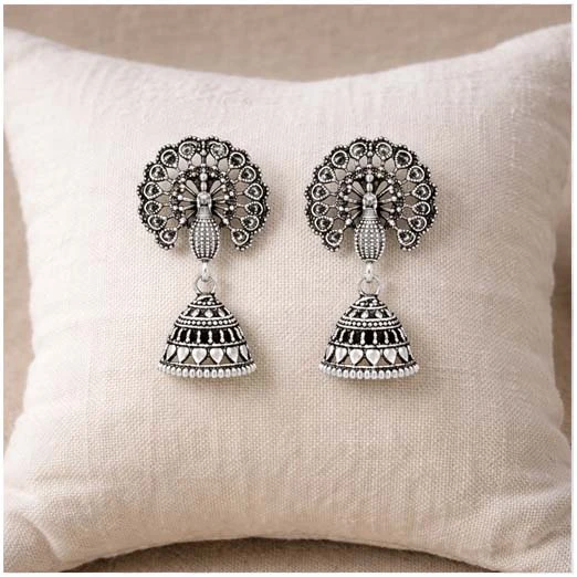 Traditional Oxidized Silver Peacock Jhumka Earrings for Women