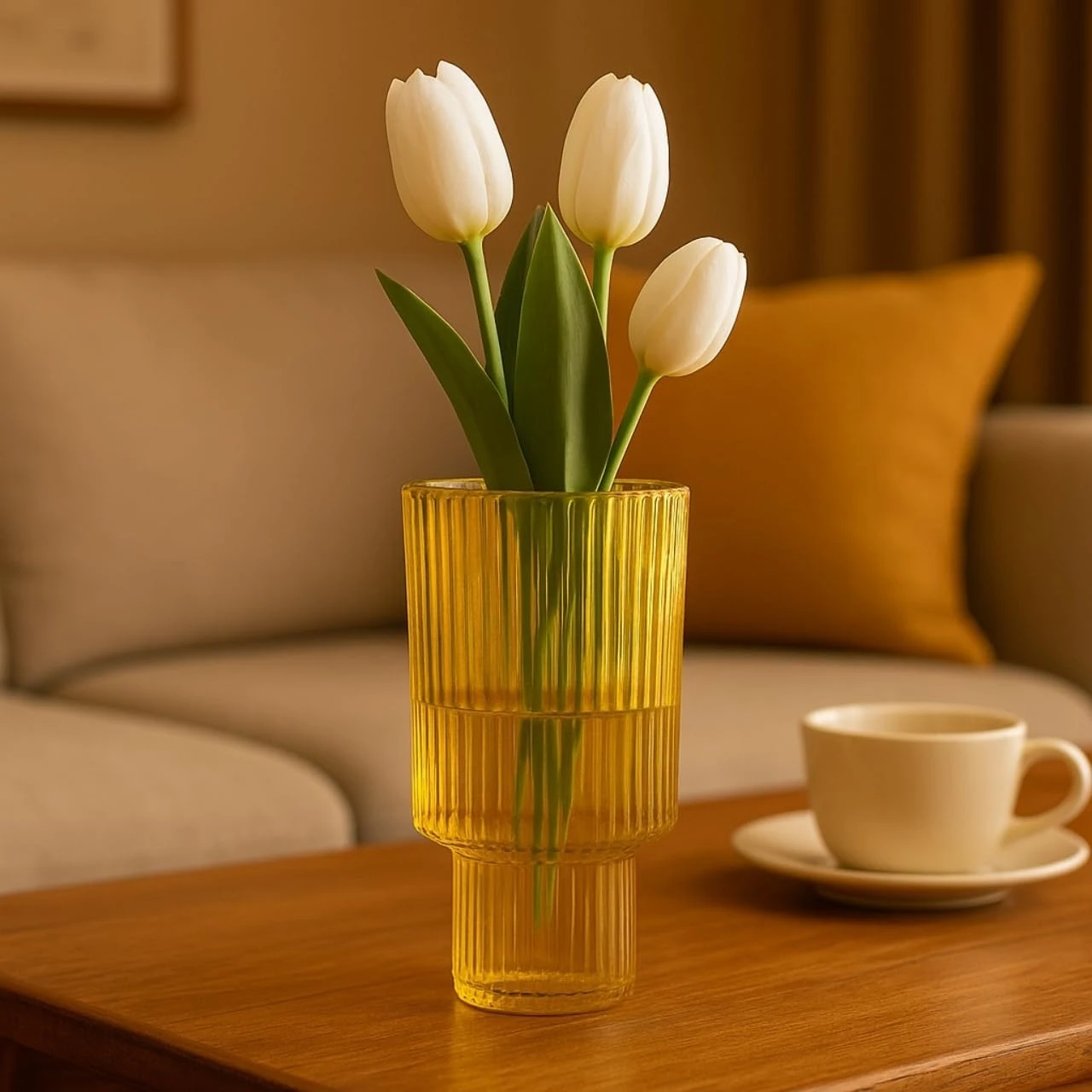 Elegant White Tulips in Golden Glass Vase | Cozy Home Decor Inspiration 🌷✨