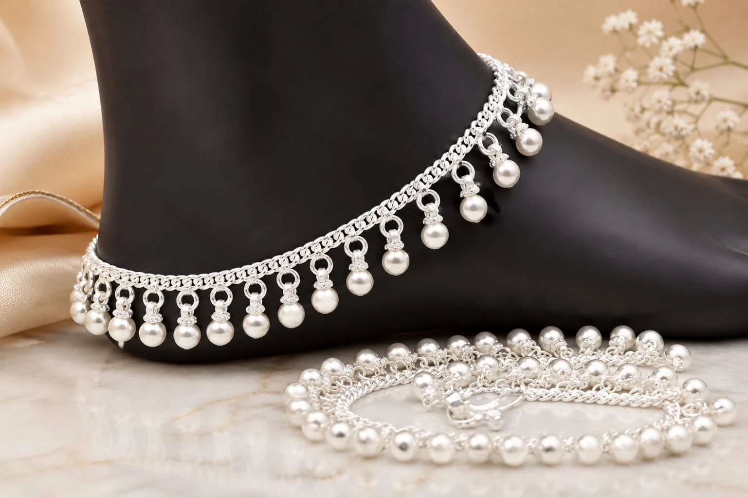 Elegant Pearl Anklet for Women | Silver Payal with Hanging Pearl Charms ✨👣