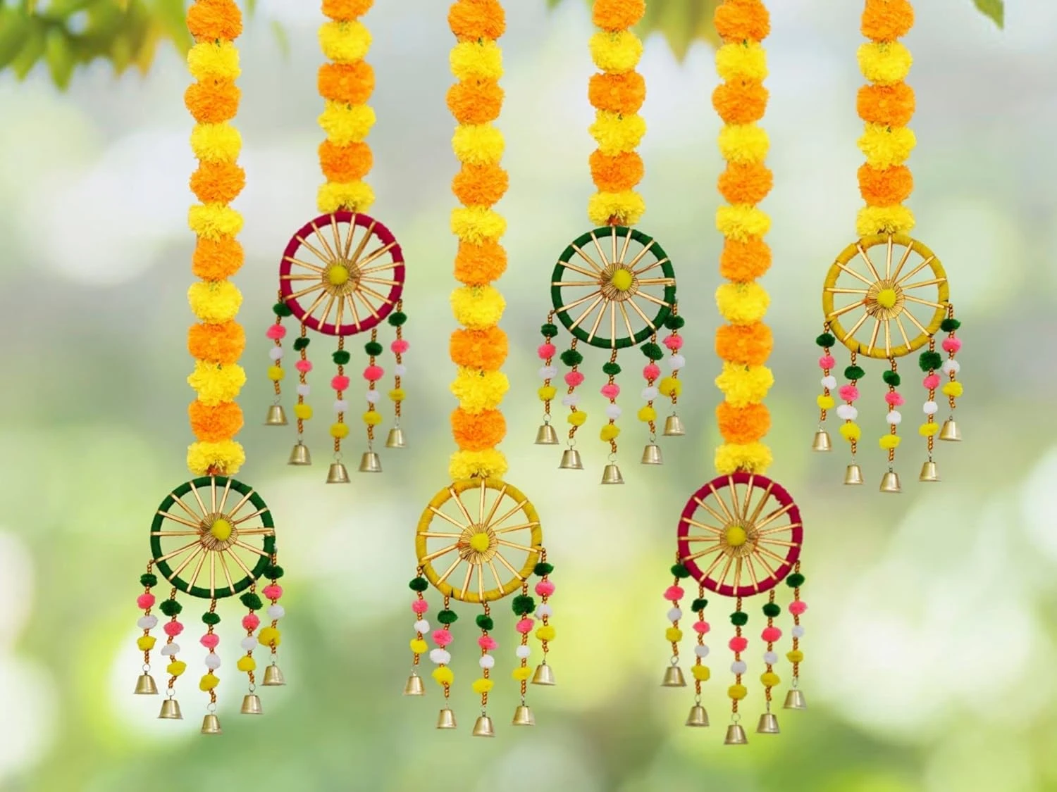 krishiv handmade artificial marigold fluffy flowers with ring bell hanging latkan toran for home | festival | wedding | temple pooja room decoration diwali decoration (pack of 6)