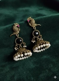 Royal Antique Peacock Pearl Jhumka Earrings for Women & Girls | Ethnic Traditional Oxidised Hanging Earrings