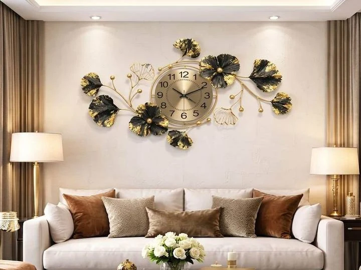 Luxury Black & Gold Floral Metal Wall Clock | Modern Designer Wall Art Decor for Living Room, Bedroom, Hall & Office