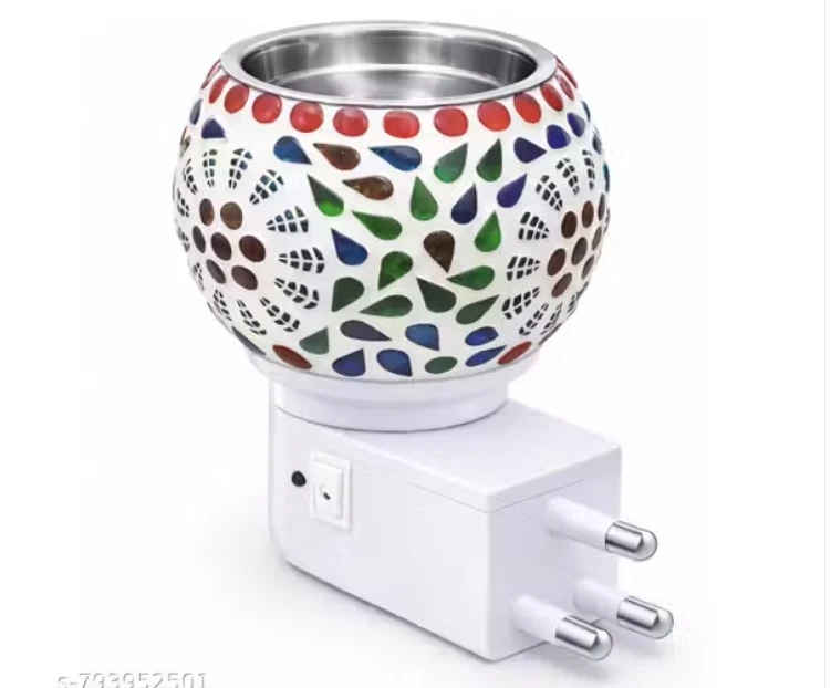 Plug-in Electric Aroma Diffuser and Kapoor Dani for Home, Beautiful Mosaic Glass Oil Burner for Fragrance, Multipurpose Night Lamp for Pooja Room and Bedroom Decor