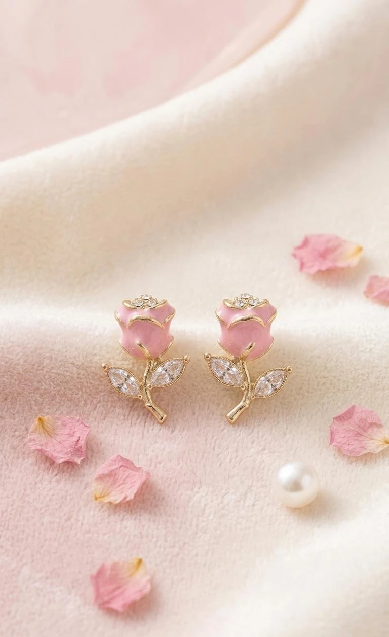 Korean Pink Rose Stud Earrings for Women & Girls
