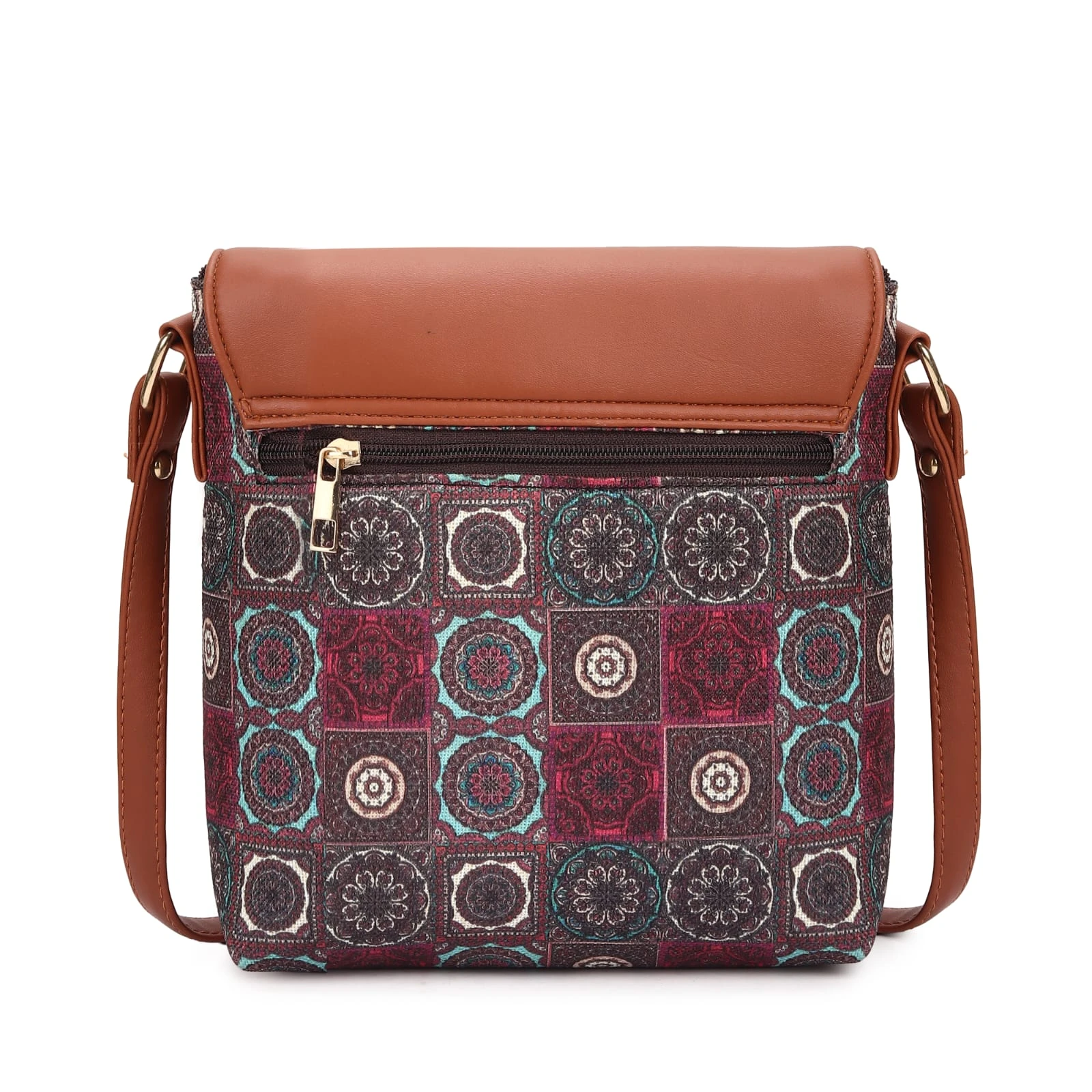 Women's Ethnic Printed Sling Bag with Brown Flap Closure