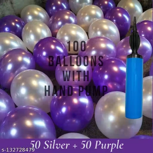 Silver & Purple Balloons Decoration Combo Pack of 101 - 50pcs Silver & 50pcs Purple Metallic Balloons with Balloon Pump For Birthday, Anniversary, Wedding, Haldi, Surprise Party Decoration