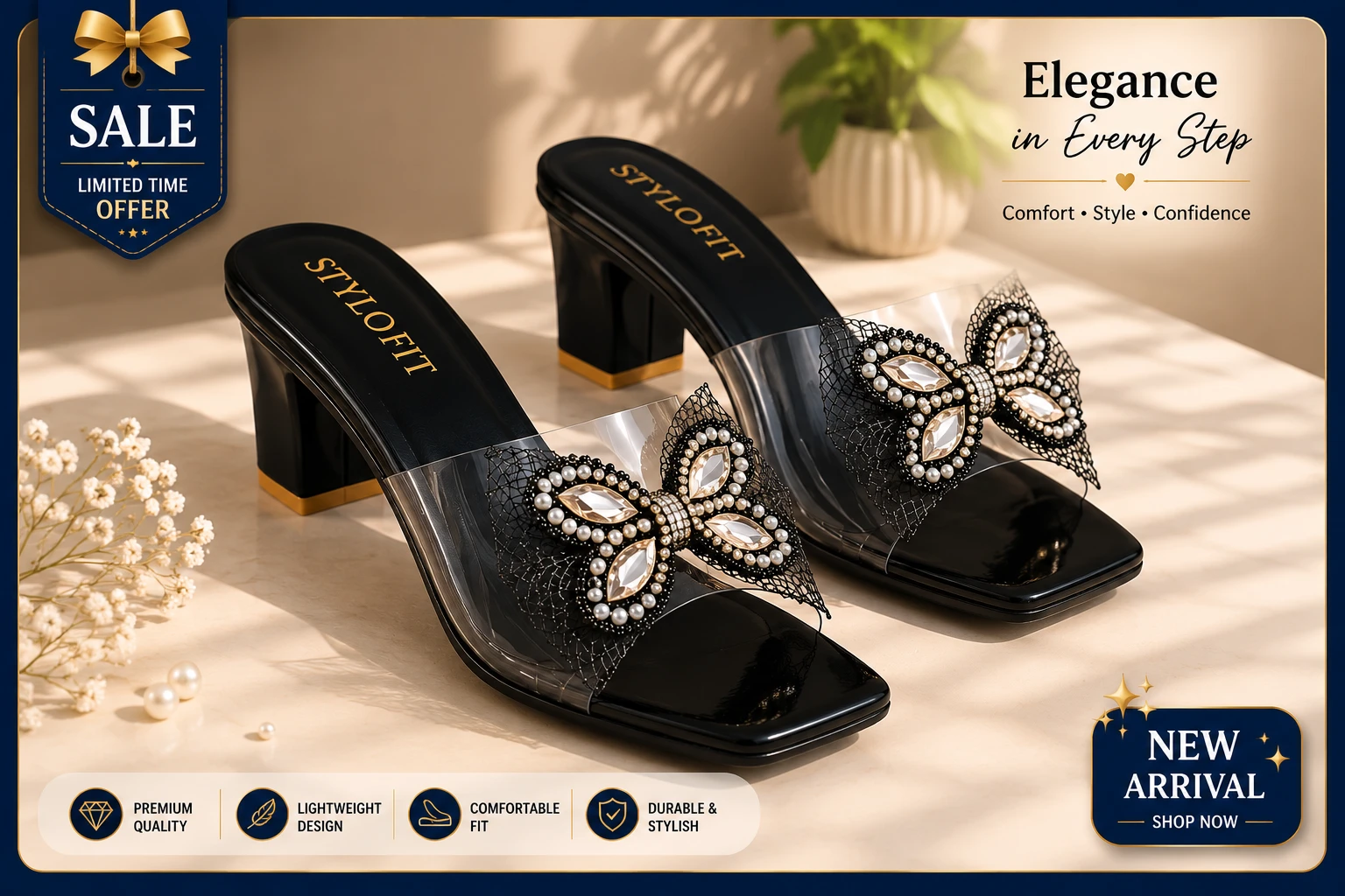 Women Black Transparent Strap Block Heel Sandals with Pearl Crystal Butterfly Bow | Fancy Party Wear Heels for Girls & Women