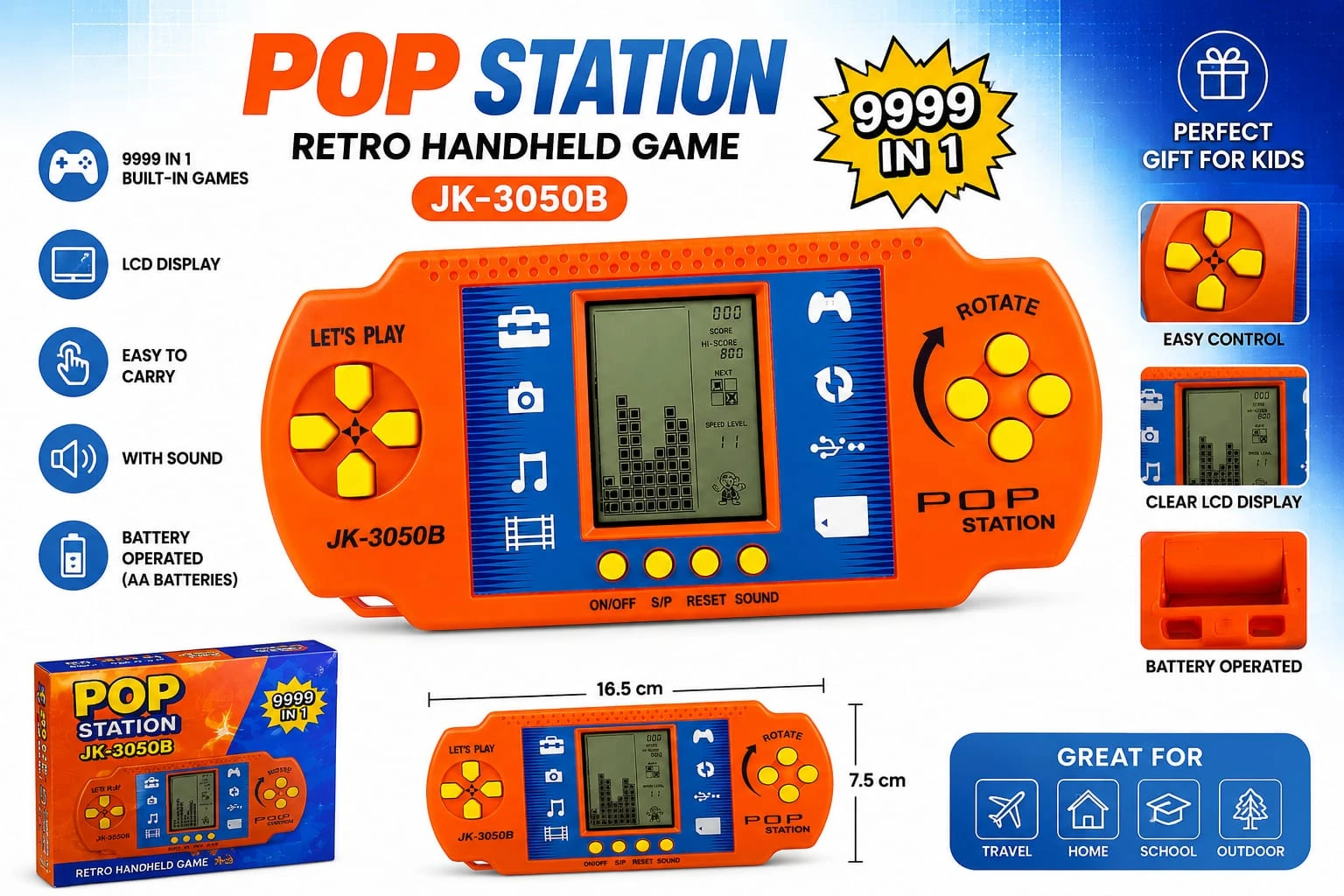 Pop Station Retro Handheld Gaming Console | 9999 in 1 Classic LCD Video Game for Kids