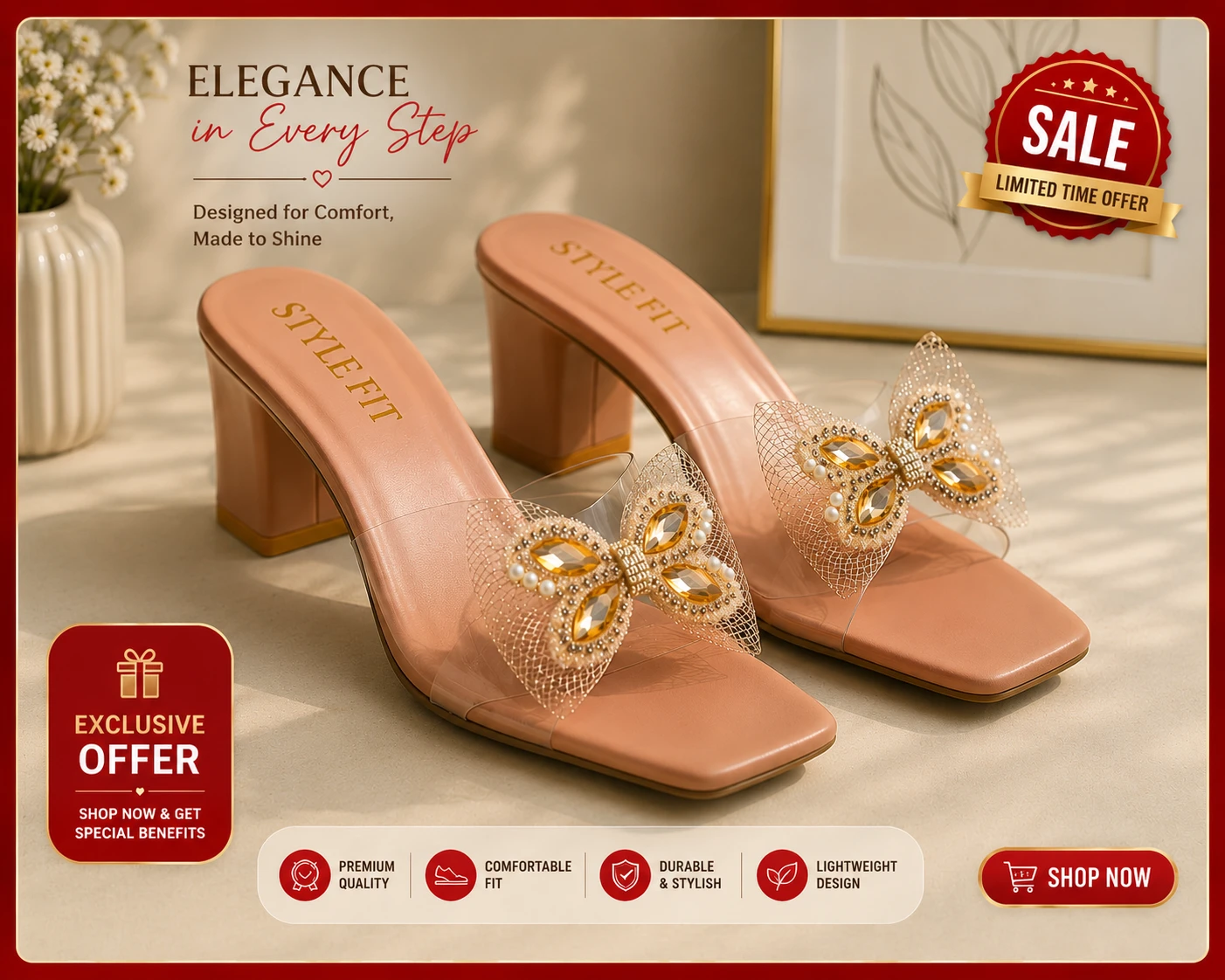 Women Peach Transparent Strap Block Heel Sandals with Butterfly Bow | Fancy Party Wear Heels for Girls & Women