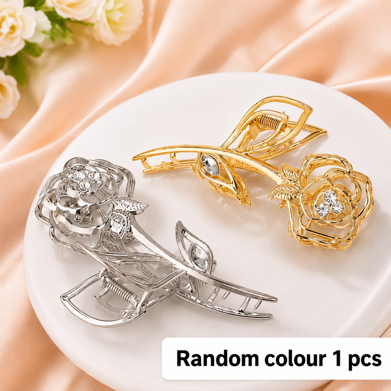 RBK Rose Hair Clip for Women & Girls, Premium Metal Flower Clutcher with Crystal Rhinestone, Elegant Hair Claw Clip for Bun, Party, Wedding, Festive & Daily Use, Strong Grip Hair Accessories, Random Colour 1 PCS