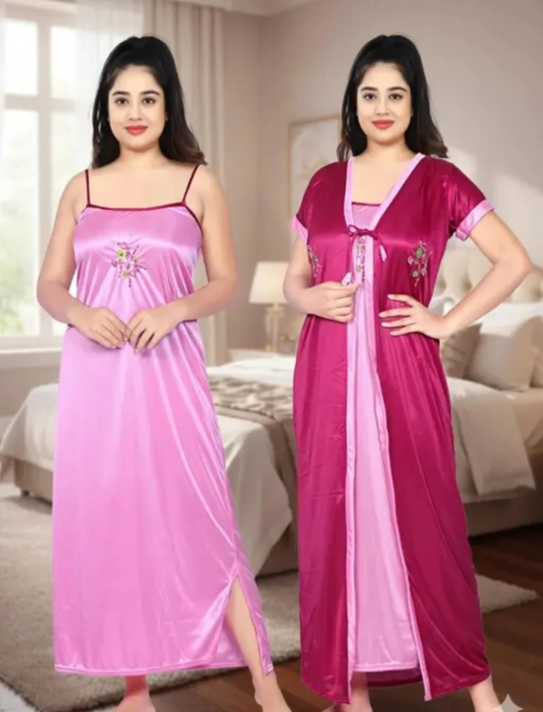 Women satin 2pcs embroidery nighty